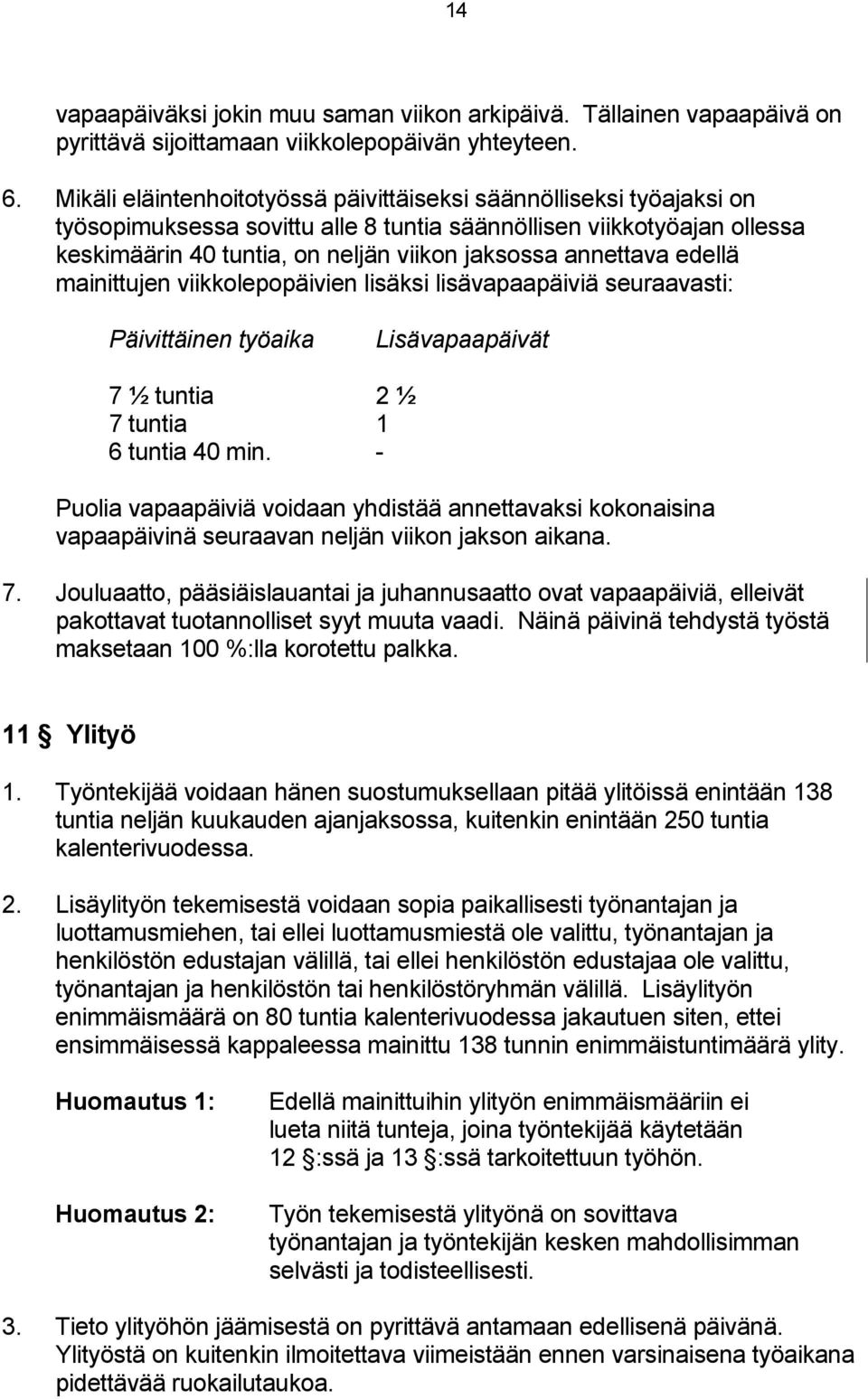 annettava edellä mainittujen viikkolepopäivien lisäksi lisävapaapäiviä seuraavasti: Päivittäinen työaika Lisävapaapäivät 7 ½ tuntia 2 ½ 7 tuntia 1 6 tuntia 40 min.