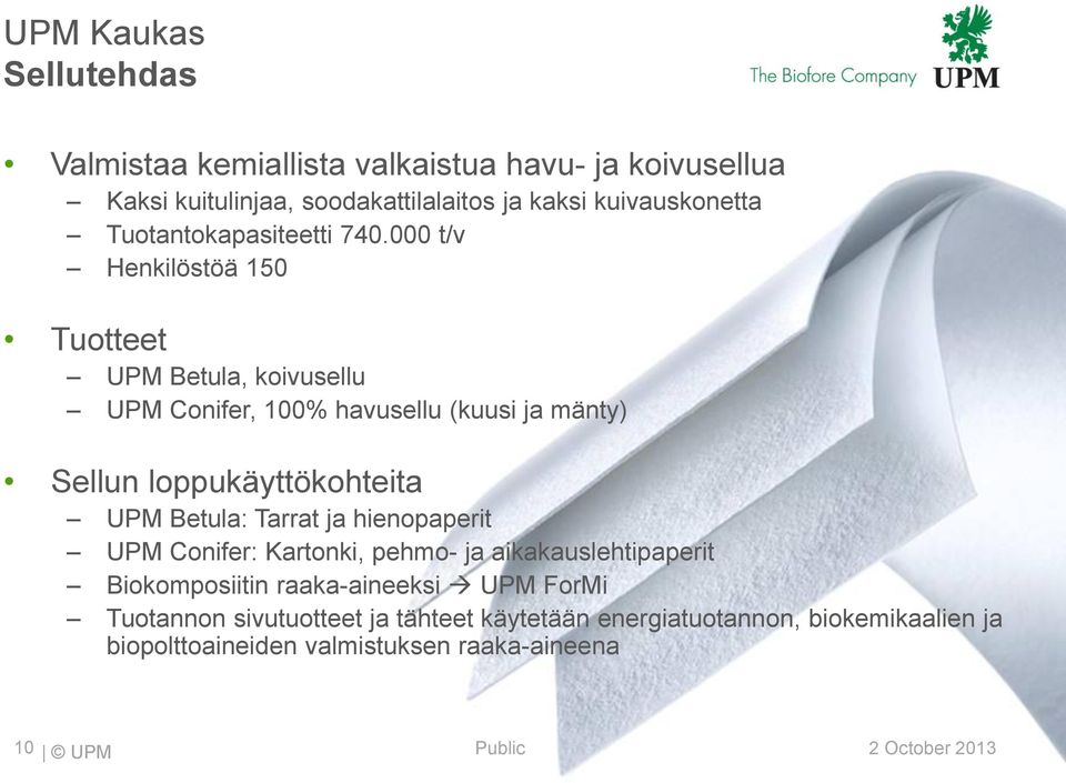 000 t/v Henkilöstöä 150 Tuotteet UPM Betula, koivusellu UPM Conifer, 100% havusellu (kuusi ja mänty) Sellun loppukäyttökohteita UPM Betula: