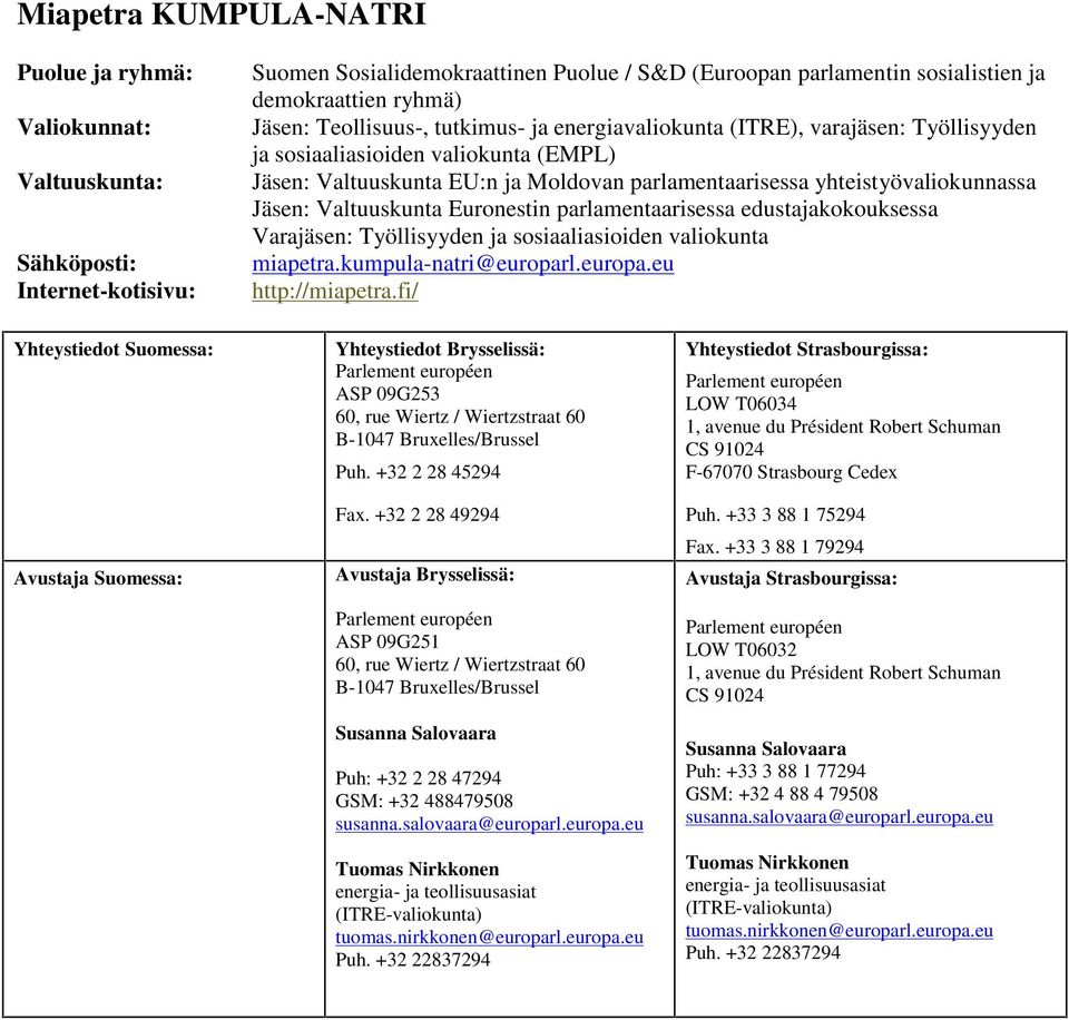 edustajakokouksessa Varajäsen: Työllisyyden ja sosiaaliasioiden valiokunta miapetra.kumpula-natri@europarl.europa.eu http://miapetra.fi/ ASP 09G253 Puh. +32 2 28 45294 Fax.
