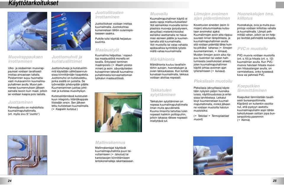 myös sivu 9:"Juotto ) Juottomuhvit ja kutistusliittimet Juottomuhveja ja kutistusliittimiä käytetään sähköasennuksissa kiinnittämään kaapeleita.
