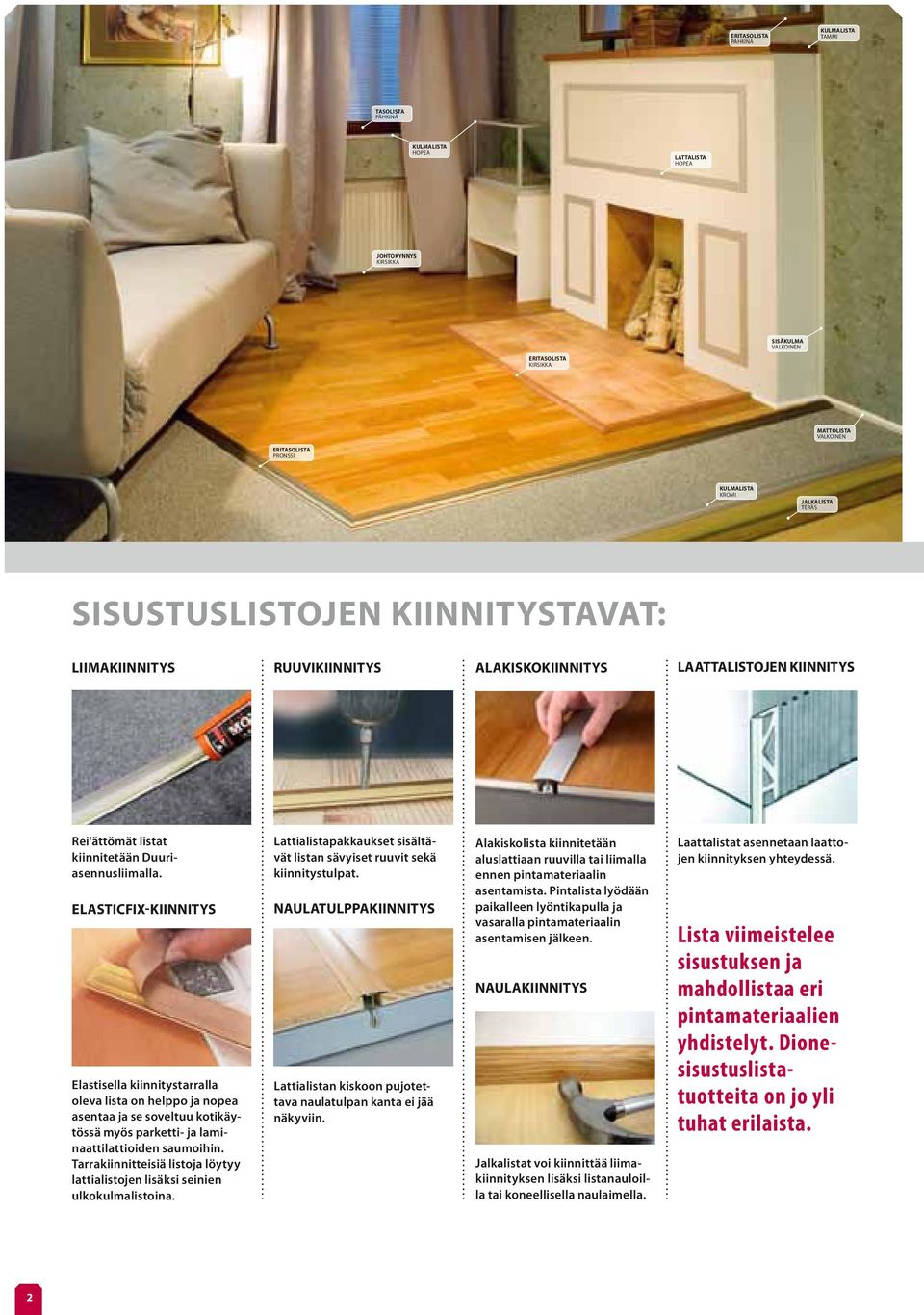 Elasticfix-kiinnitys Elastisella kiinnitystarralla oleva lista on helppo ja nopea asentaa ja se soveltuu kotikäytössä myös parketti- ja laminaattilattioiden saumoihin.