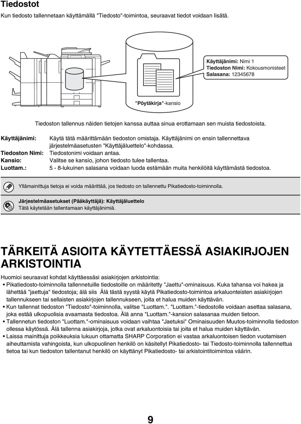 Käyttäjänimi: Tiedoston Nimi: Kansio: Luottam.: Käytä tätä määrittämään tiedoston omistaja. Käyttäjänimi on ensin tallennettava järjestelmäasetusten "Käyttäjäluettelo"-kohdassa.