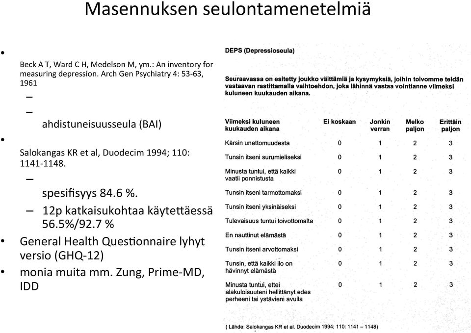 Arch Gen Psychiatry 4: 53-63, 1961 käy5ö seulonnassa maksullista rinnakkainen Beckin ahdistuneisuusseula (BAI) DEPS