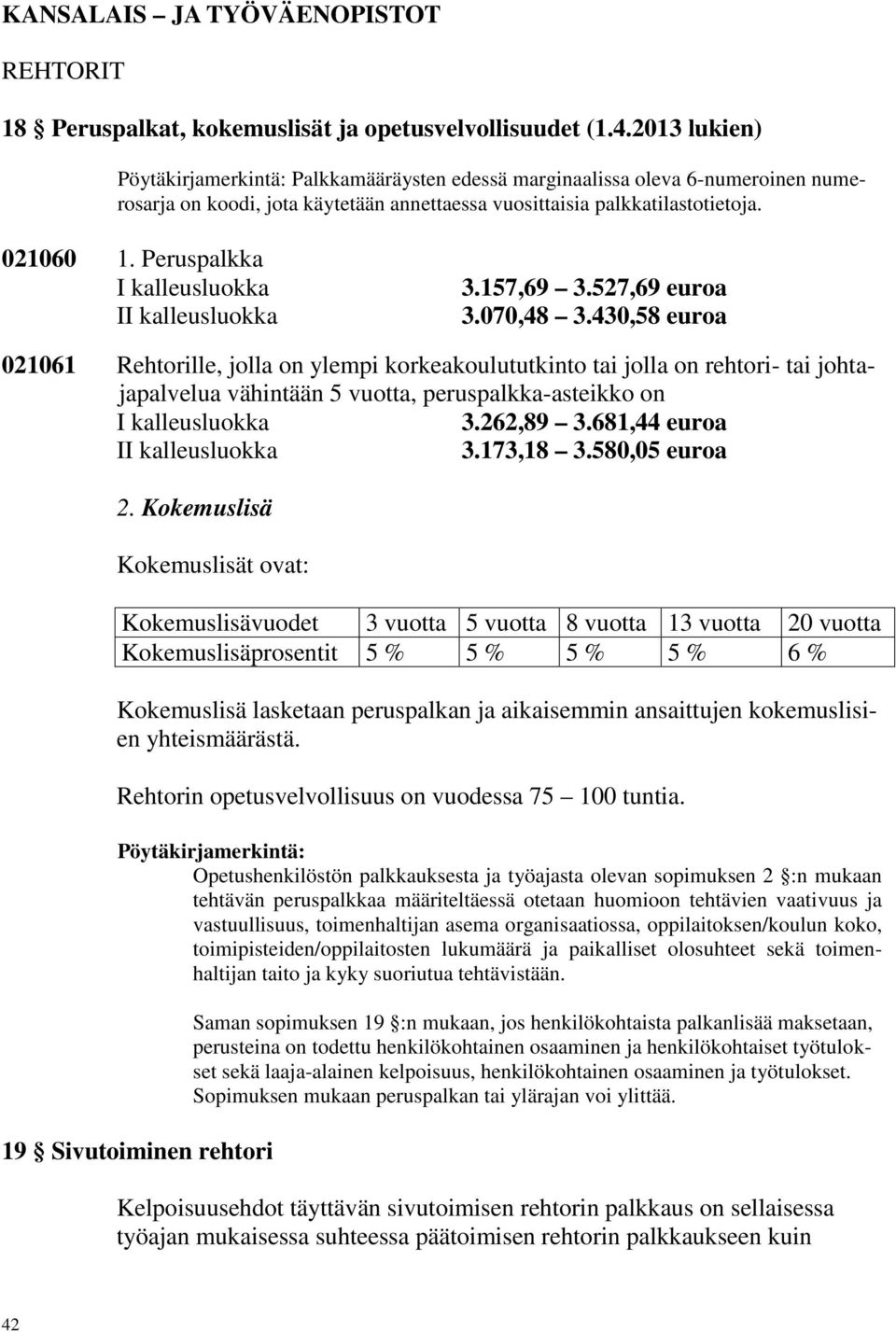 157,69 3.527,69 euroa 3.070,48 3.430,58 euroa 021061 Rehtorille, jolla on ylempi korkeakoulututkinto tai jolla on rehtori- tai johtajapalvelua vähintään 5 vuotta, peruspalkka-asteikko on 3.262,89 3.