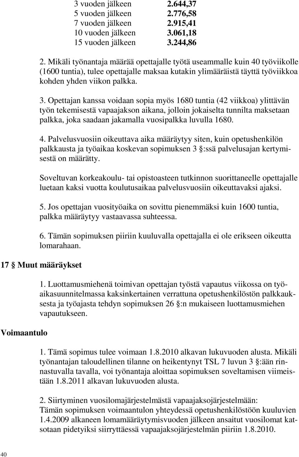 Opettajan kanssa voidaan sopia myös 1680 tuntia (42 viikkoa) ylittävän työn tekemisestä vapaajakson aikana, jolloin jokaiselta tunnilta maksetaan palkka, joka saadaan jakamalla vuosipalkka luvulla