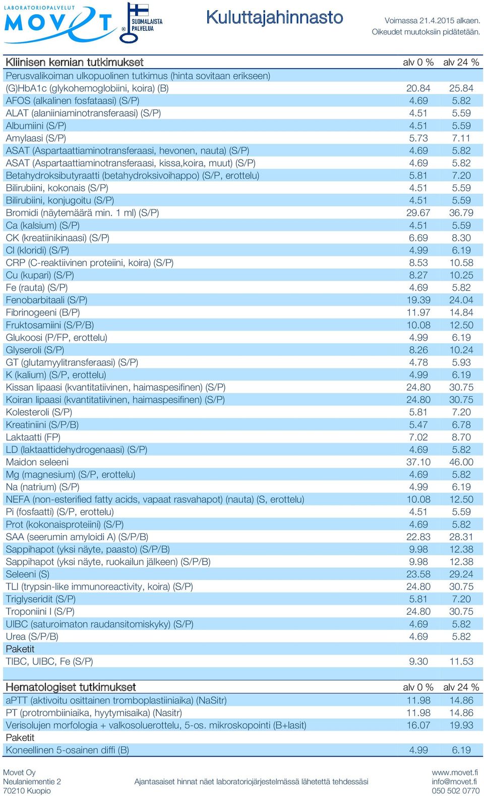 69 5.82 ALAT (alaniiniaminotransferaasi) (S/P) 4.51 5.59 Albumiini (S/P) 4.51 5.59 Amylaasi (S/P) 5.73 7.11 ASAT (Aspartaattiaminotransferaasi, hevonen, nauta) (S/P) 4.69 5.82 ASAT (Aspartaattiaminotransferaasi, kissa,koira, muut) (S/P) 4.