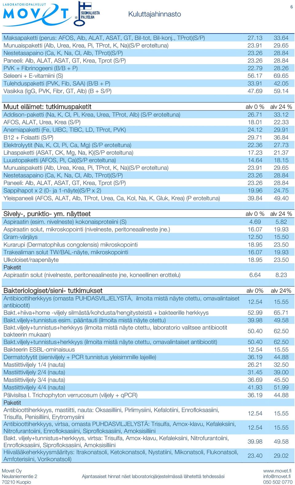 14 Muut eläimet: tutkimuspaketit alv 0 % alv 24 % Addison-paketti (Na, K, Cl, Pi, Krea, Urea, TProt, Alb) (S/P eroteltuna) 26.71 33.12 B12 + Folaatti (S/P) 29.71 36.