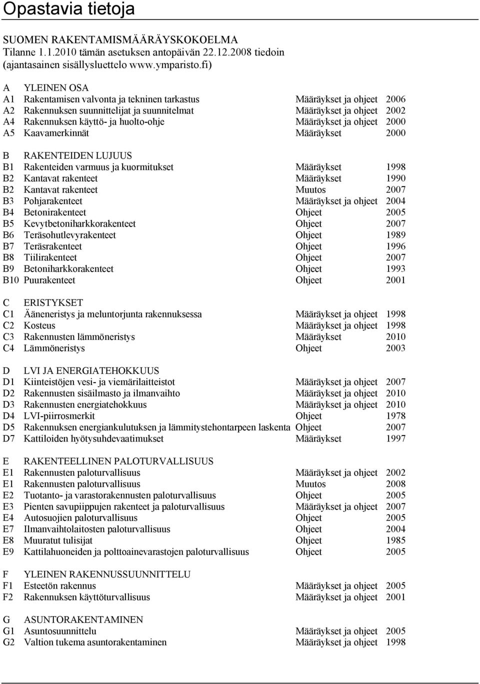 Määräykset ja ohjeet 2000 A5 Kaavamerkinnät Määräykset 2000 B RAKENTEIDEN LUJUUS B1 Rakenteiden varmuus ja kuormitukset Määräykset 1998 B2 Kantavat rakenteet Määräykset 1990 B2 Kantavat rakenteet