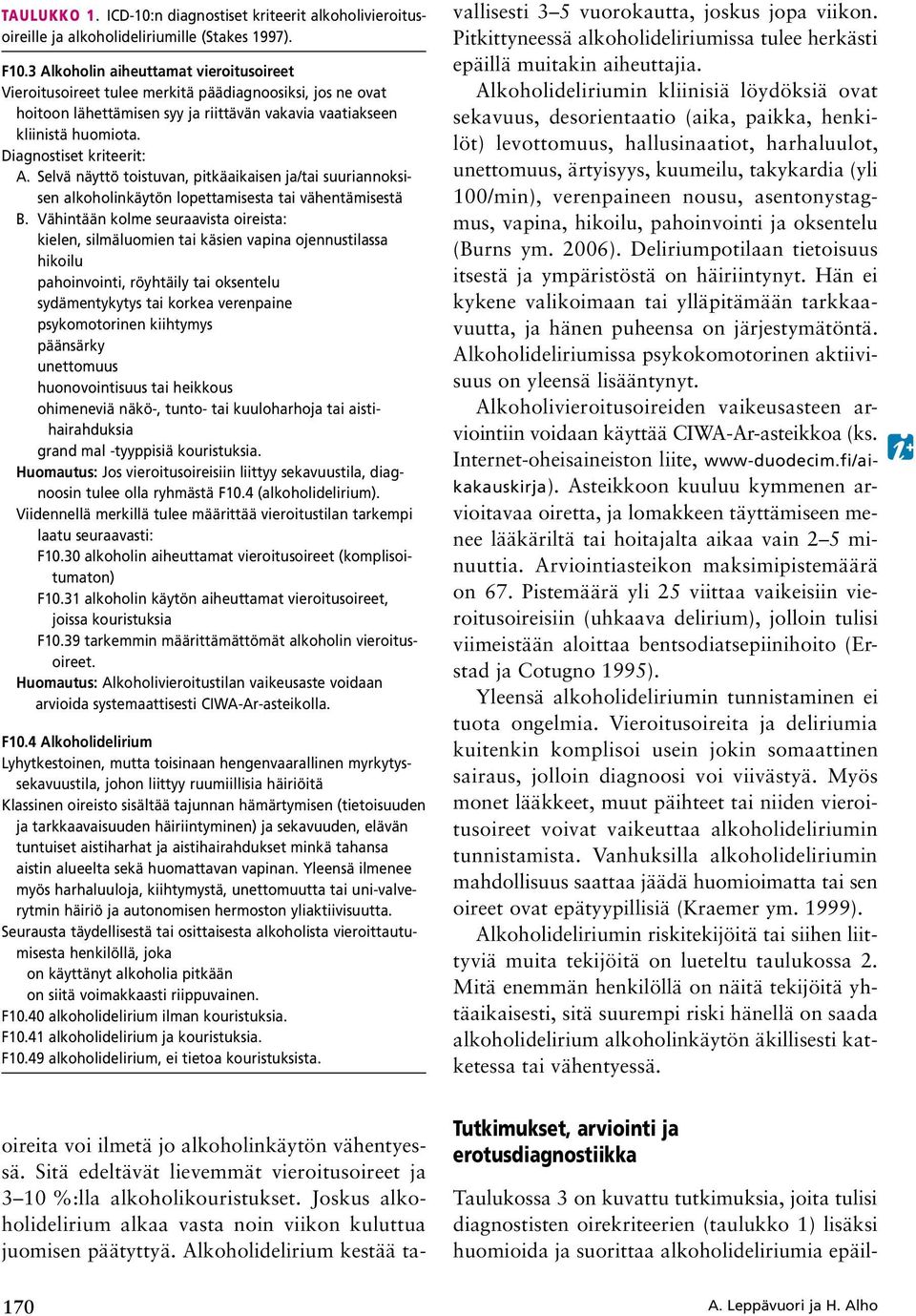 Diagnostiset kriteerit: A. Selvä näyttö toistuvan, pitkäaikaisen ja/tai suuriannoksisen alkoholinkäytön lopettamisesta tai vähentämisestä B.