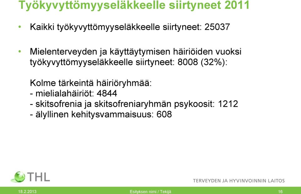 8008 (32%): Kolme tärkeintä häiriöryhmää: - mielialahäiriöt: 4844 - skitsofrenia ja