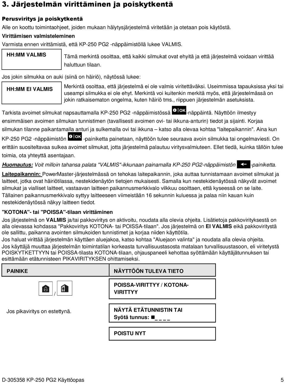 HH:MM VALMIS Tämä merkintä osoittaa, että kaikki silmukat ovat ehyitä ja että järjestelmä voidaan virittää haluttuun tilaan.