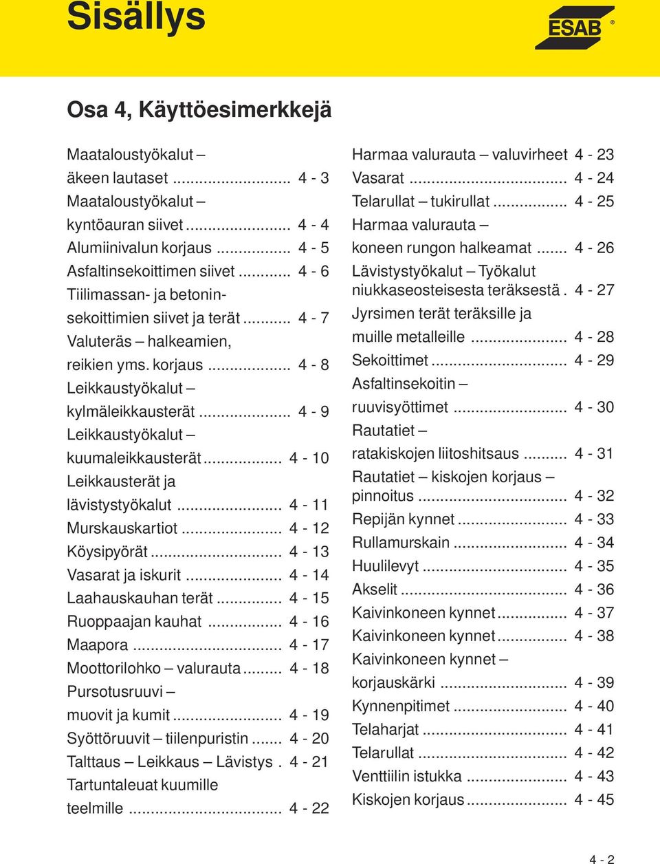 .. 4-10 Leikkausterät ja lävistystyökalut... 4-11 Murskauskartiot... 4-12 Köysipyörät... 4-13 Vasarat ja iskurit... 4-14 Laahauskauhan terät... 4-15 Ruoppaajan kauhat... 4-16 Maapora.