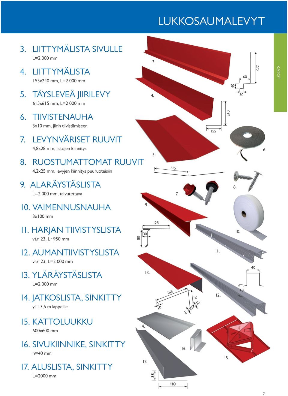 ALARÄYSTÄSLISTA L=2 000 mm, taivutettava 7. 8. 10. VAIMENNUSNAUHA 3x100 mm 9. 11. HARJAN TIIVISTYSLISTA väri 23, L~950 mm 80 30 125 10. 12. AUMANTIIVISTYSLISTA väri 23, L=2 000 mm 13.