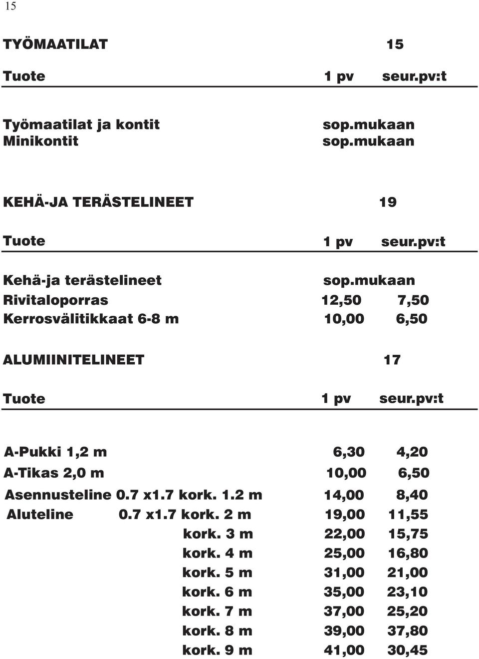 10,00 6,50 Asennusteline 0.7 x1.7 kork. 1.2 m 14,00 8,40 Aluteline 0.7 x1.7 kork. 2 m 19,00 11,55 kork. 3 m 22,00 15,75 kork.