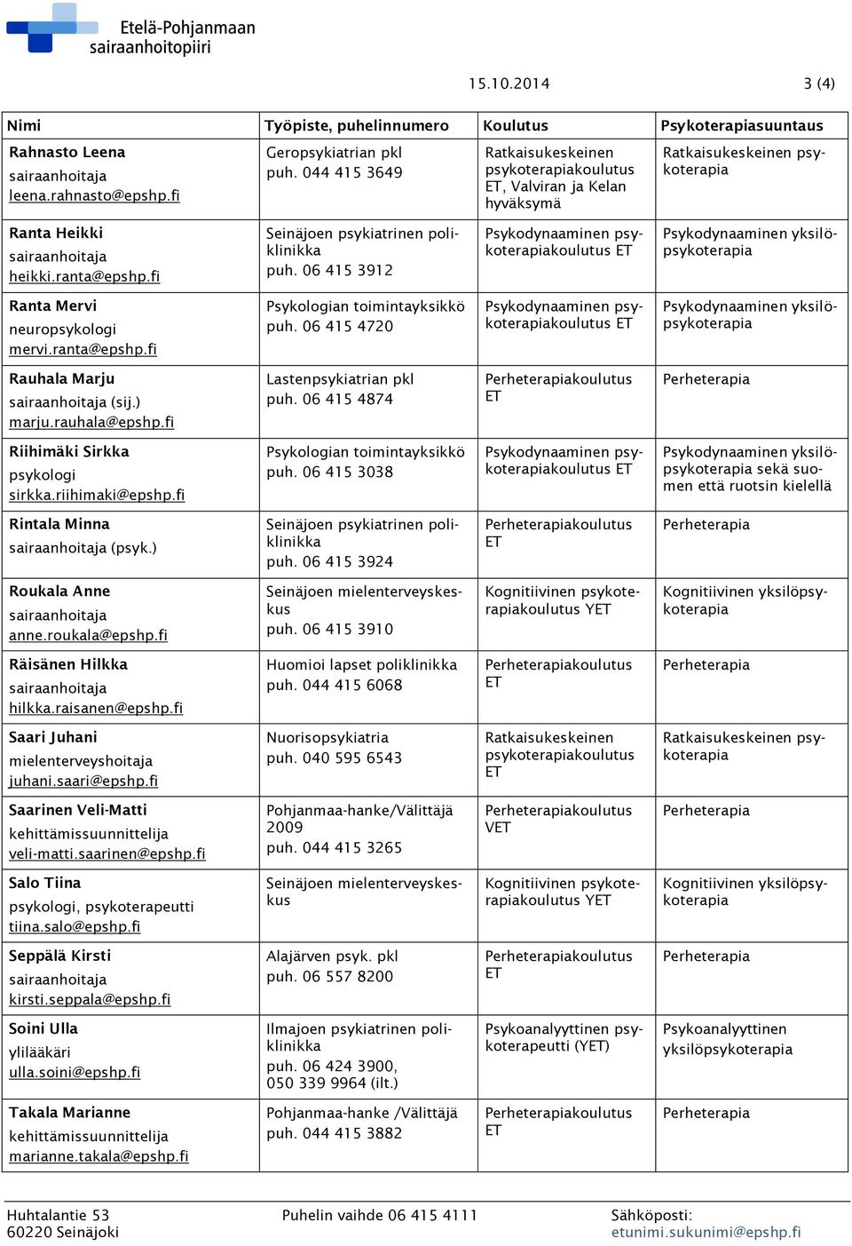 06 415 4874 Riihimäki Sirkka sirkka.riihimaki@epshp.fi puh. 06 415 3038 Psykodynaaminen sekä suomen että ruotsin kielellä Rintala Minna (psyk.) puh. 06 415 3924 Roukala Anne anne.roukala@epshp.