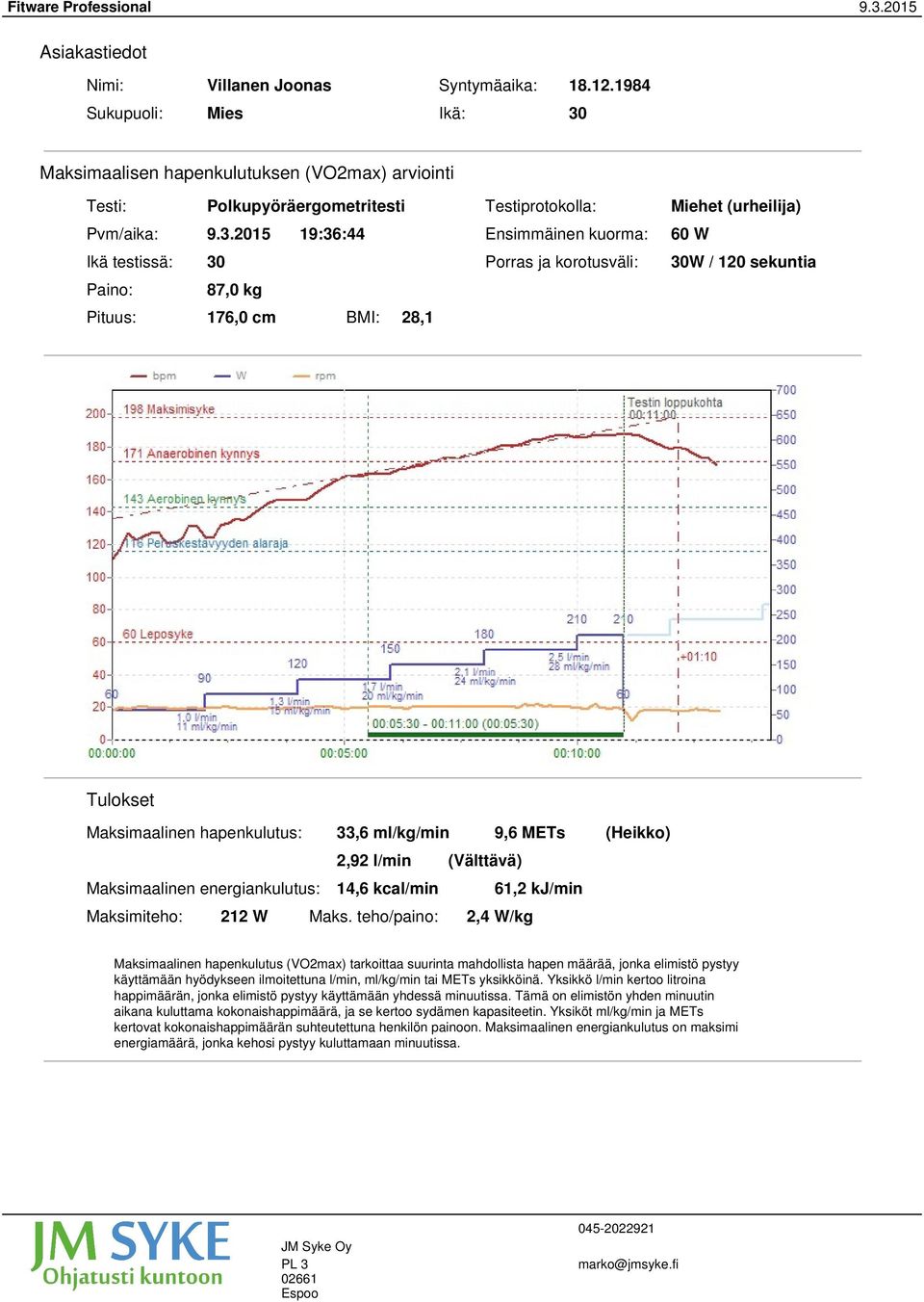 Porras ja korotusväli: 30W / 120 sekuntia Paino: 87,0 kg Pituus: 176,0 cm 19:36:44 BMI: 28,1 Tulokset Maksimaalinen hapenkulutus: 33,6 ml/kg/min 2,92 l/min Maksimaalinen energiankulutus: Maksimiteho: