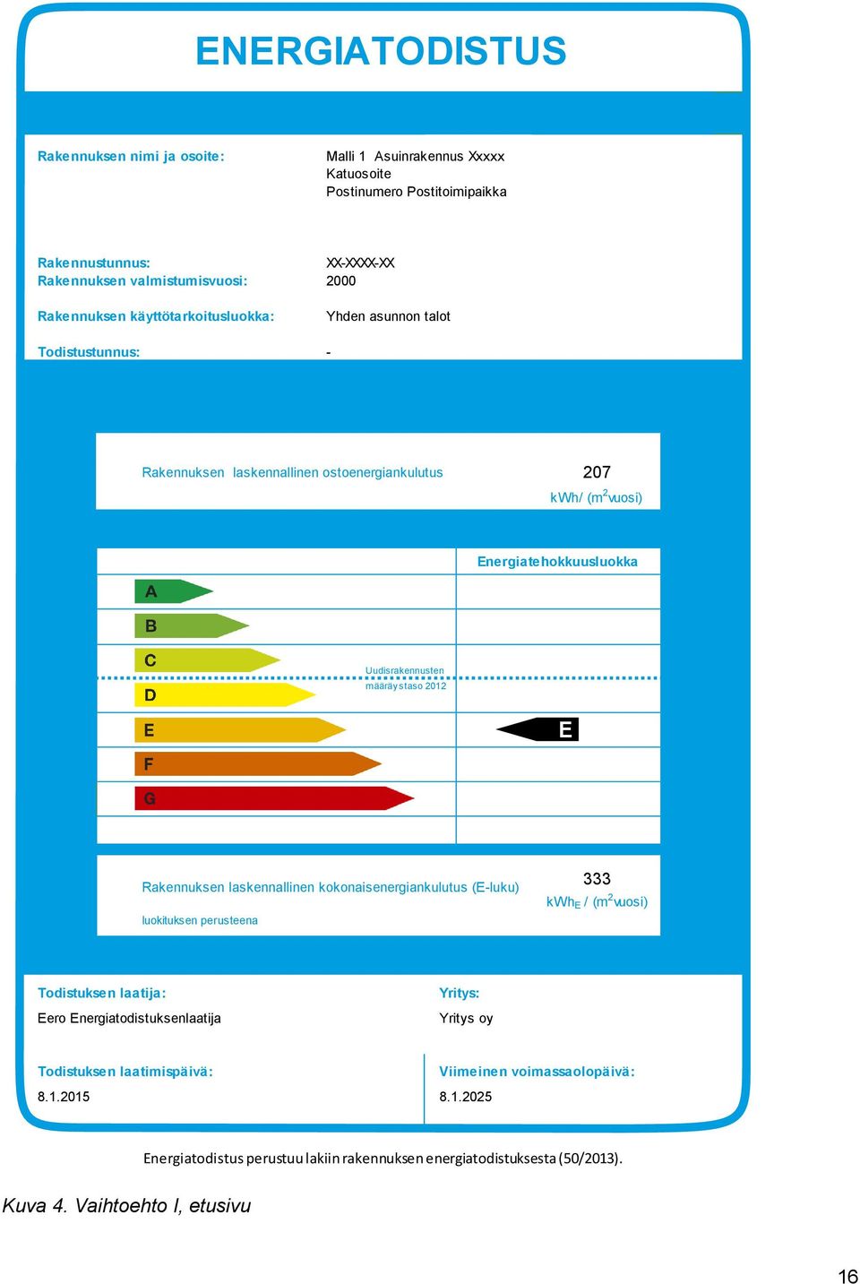 Energiatehokkuusluokka A B C D E F G Rakennuksen laskennallinen kokonaisenergiankulutus (E-luku) luokituksen perusteena 333 kwh E / (m 2 vuosi) Todistuksen laatija: Eero