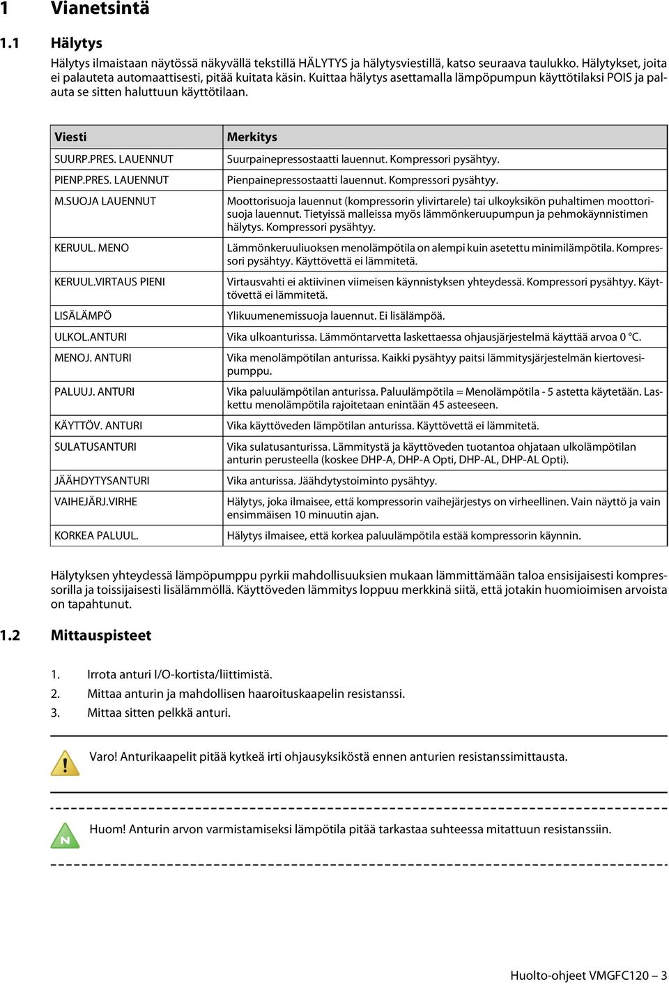 VIRTAUS PIENI LISÄLÄMPÖ ULKOL.ANTURI MENOJ. ANTURI PALUUJ. ANTURI KÄYTTÖV. ANTURI SULATUSANTURI JÄÄHDYTYSANTURI VAIHEJÄRJ.VIRHE KORKEA PALUUL. Merkitys Suurpainepressostaatti lauennut.