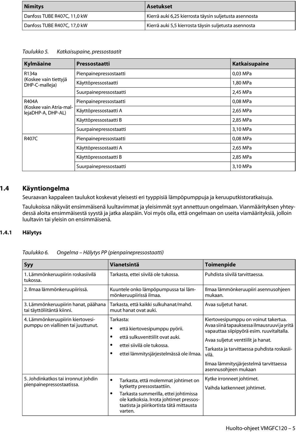 Suurpainepressostaatti Pienpainepressostaatti Käyttöpressostaatti A Käyttöpressostaatti B Suurpainepressostaatti 0,03 MPa 1,80 MPa 2,45 MPa 0,08 MPa 2,65 MPa 2,85 MPa 3,10 MPa R407C