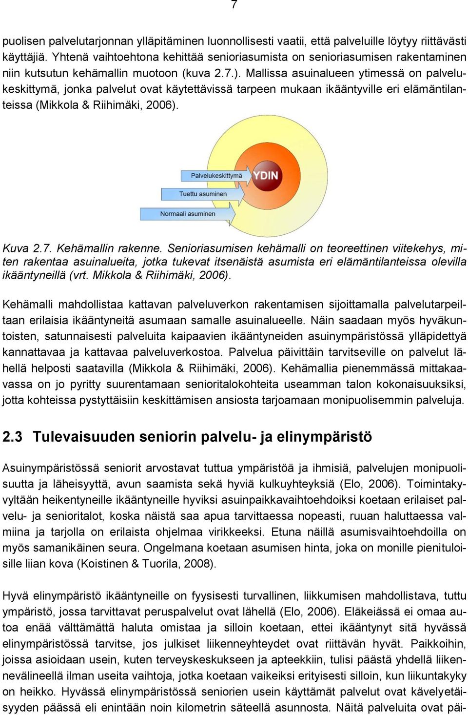 Mallissa asuinalueen ytimessä on palvelukeskittymä, jonka palvelut ovat käytettävissä tarpeen mukaan ikääntyville eri elämäntilanteissa (Mikkola & Riihimäki, 2006). Kuva 2.7. Kehämallin rakenne.