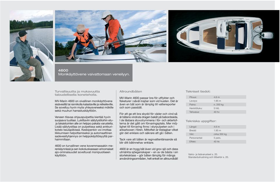 Veneen tilavaa ohjauspulpettia kiertää hyvin suojaava tuulilasi. Lukittaviin säilytystiloihin etuja takaistuinten alle on helppo pakata varusteita.