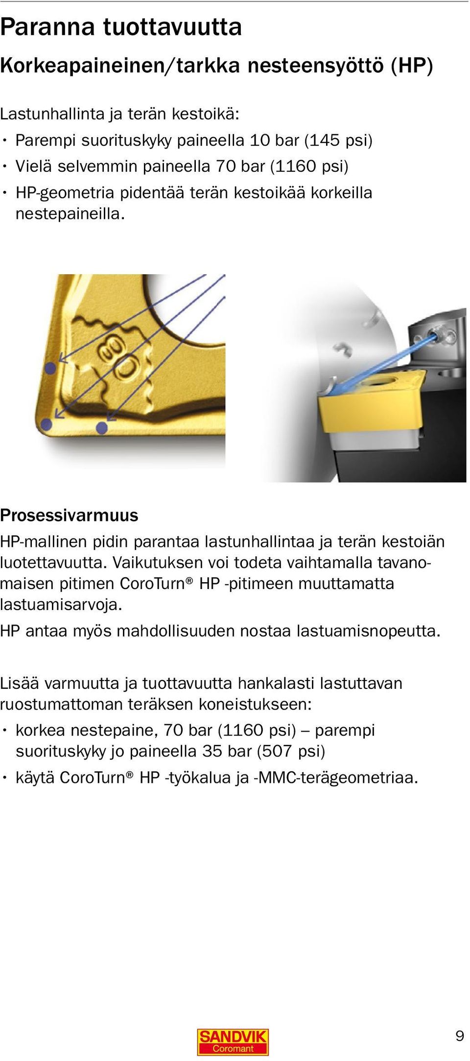 Vaikutuksen voi todeta vaihtamalla tavanomaisen pitimen CoroTurn HP -pitimeen muuttamatta lastuamisarvoja. HP antaa myös mahdollisuuden nostaa lastuamisnopeutta.