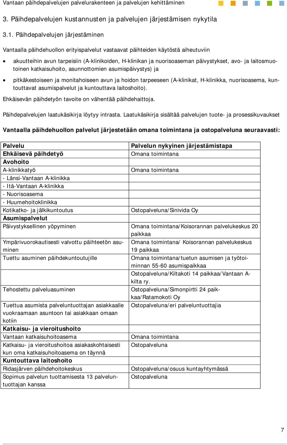 avo- ja laitosmuotoinen katkaisuhoito, asunnottomien asumispäivystys) ja pitkäkestoiseen ja monitahoiseen avun ja hoidon tarpeeseen (A-klinikat, H-klinikka, nuorisoasema, kuntouttavat asumispalvelut