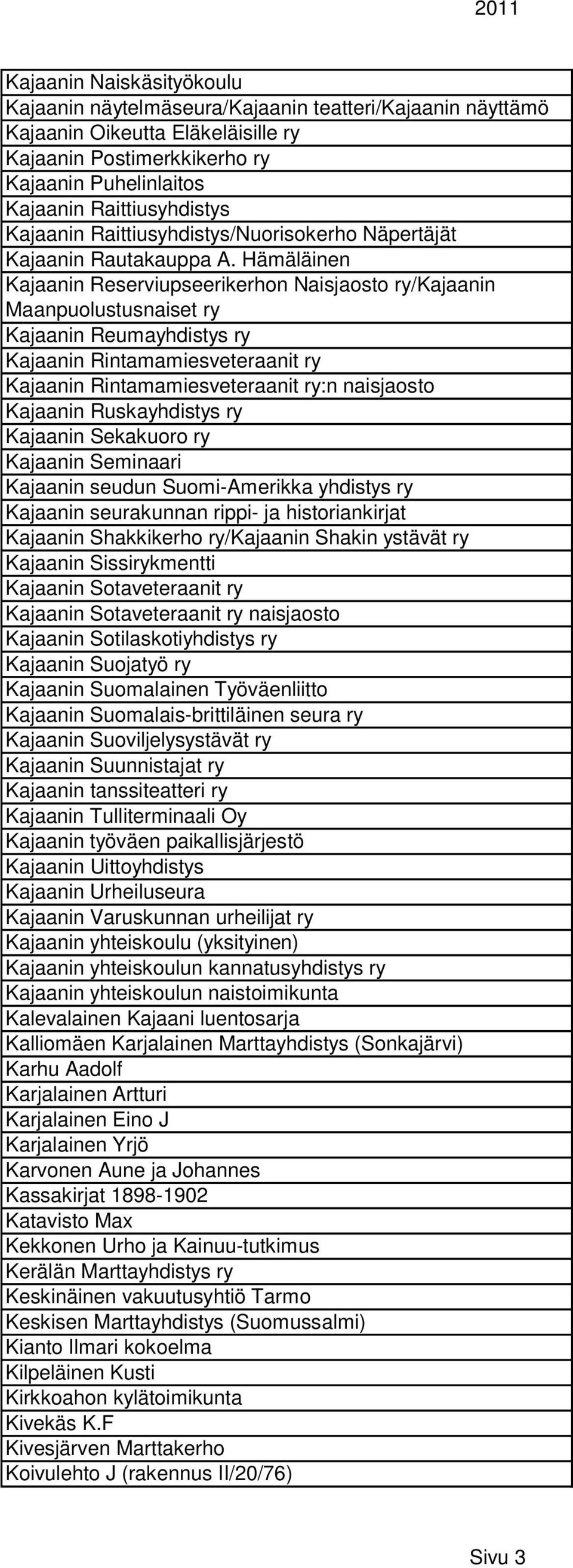 Hämäläinen Kajaanin Reserviupseerikerhon Naisjaosto ry/kajaanin Maanpuolustusnaiset ry Kajaanin Reumayhdistys ry Kajaanin Rintamamiesveteraanit ry Kajaanin Rintamamiesveteraanit ry:n naisjaosto