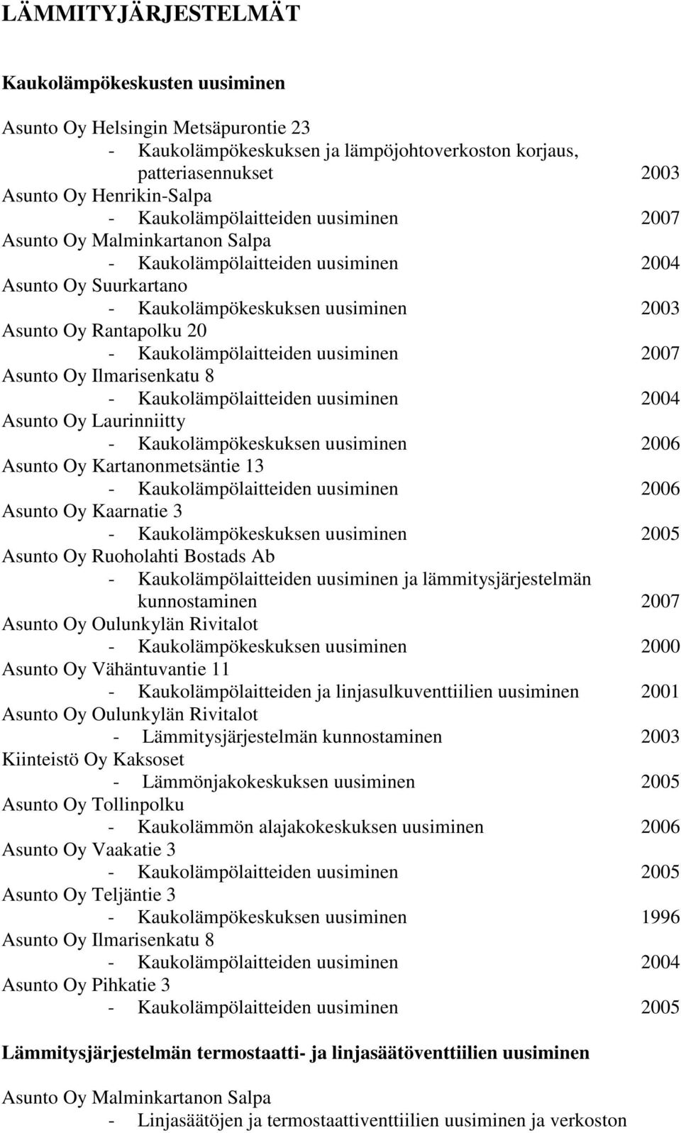 Kaukolämpökeskuksen uusiminen 2006 Asunto Oy Kartanonmetsäntie 13 - Kaukolämpölaitteiden uusiminen 2006 Asunto Oy Kaarnatie 3 - Kaukolämpökeskuksen uusiminen 2005 Asunto Oy Ruoholahti Bostads Ab -