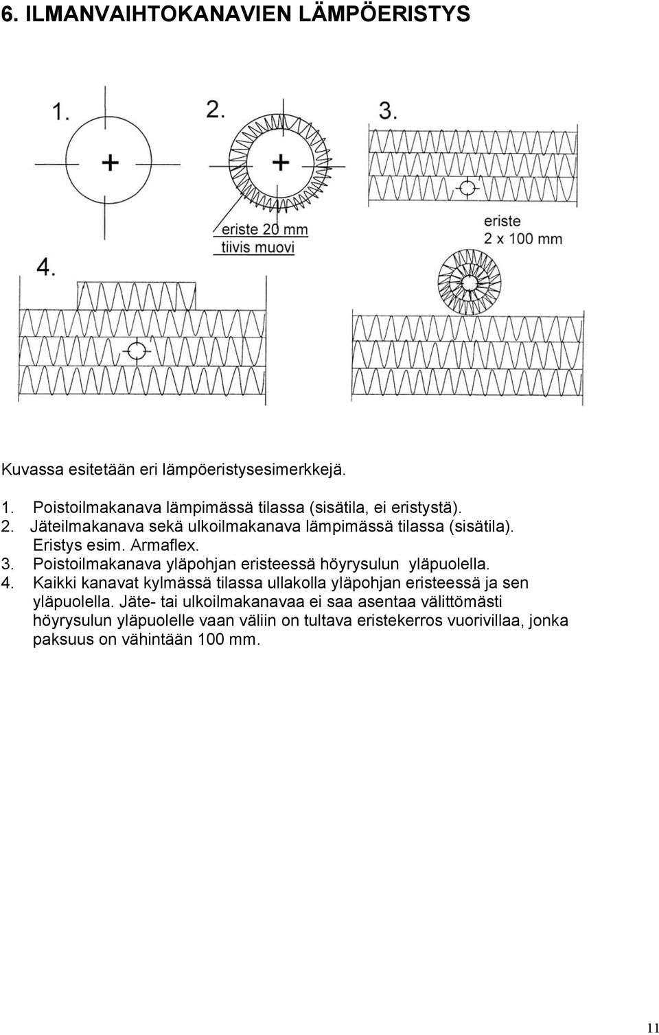 Eristys esim. Armaflex. 3. Poistoilmakanava yläpohjan eristeessä höyrysulun yläpuolella. 4.