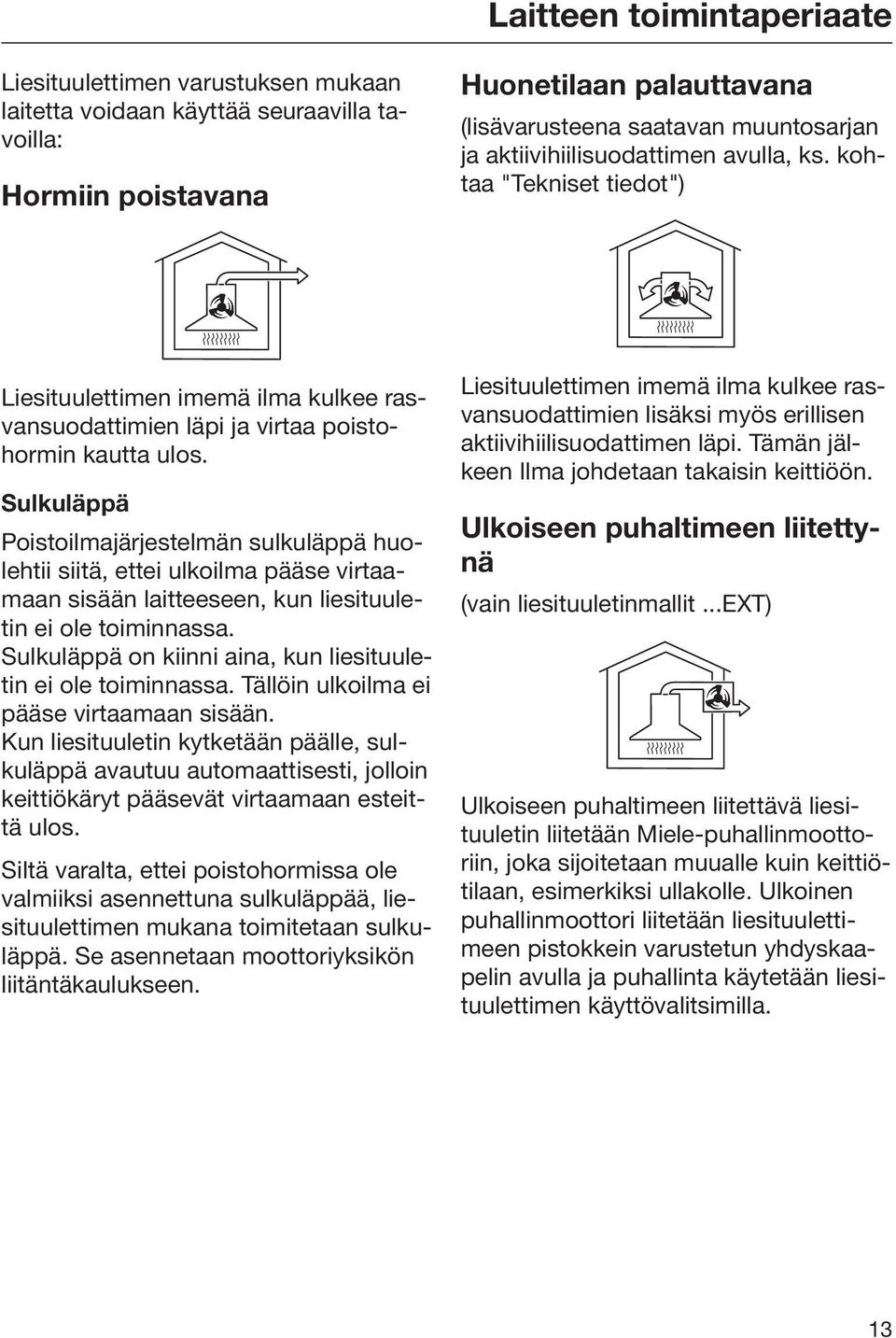 Sulkuläppä Poistoilmajärjestelmän sulkuläppä huolehtii siitä, ettei ulkoilma pääse virtaamaan sisään laitteeseen, kun liesituuletin ei ole toiminnassa.