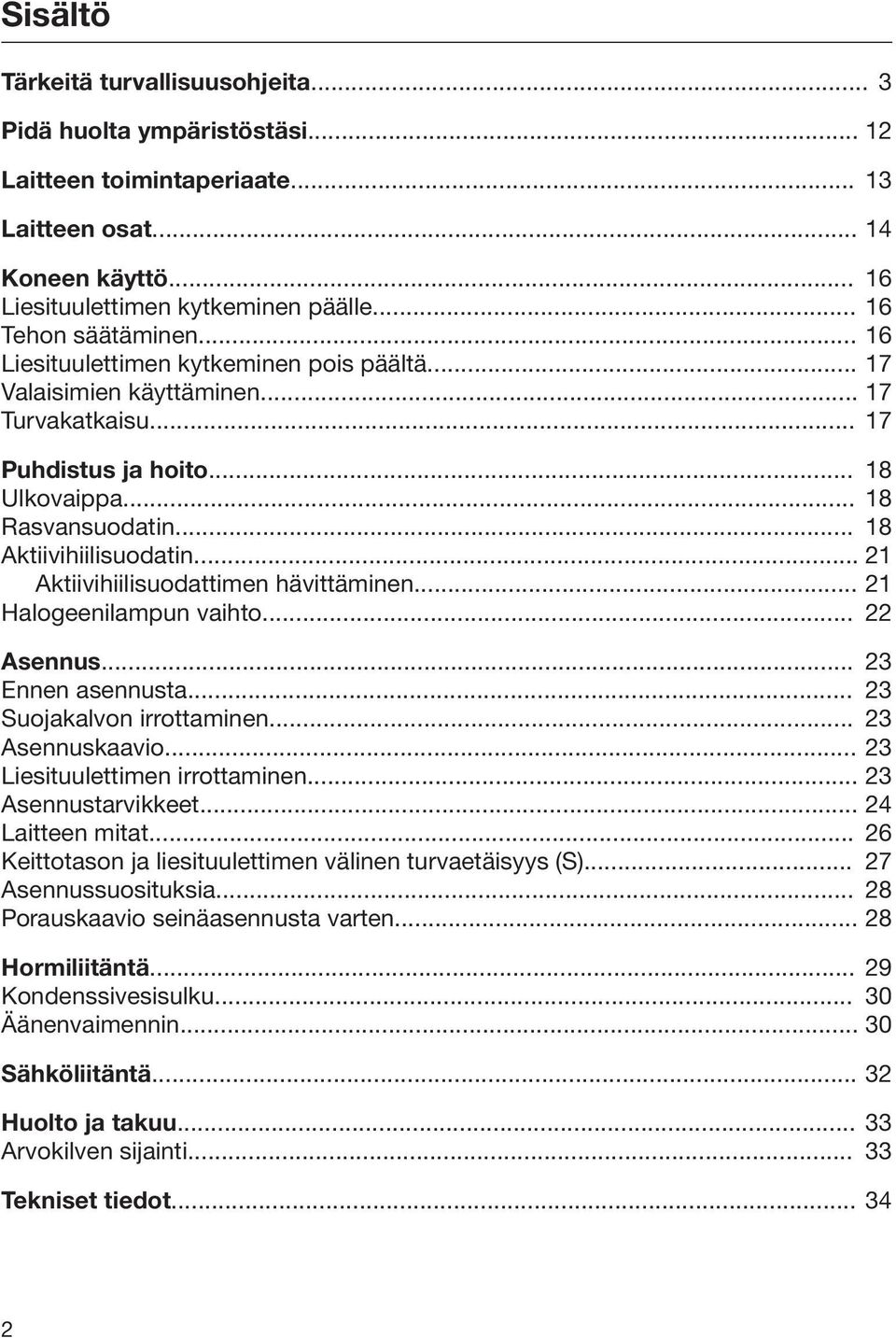 .. 18 Aktiivihiilisuodatin... 21 Aktiivihiilisuodattimen hävittäminen... 21 Halogeenilampun vaihto... 22 Asennus... 23 Ennen asennusta... 23 Suojakalvon irrottaminen... 23 Asennuskaavio.