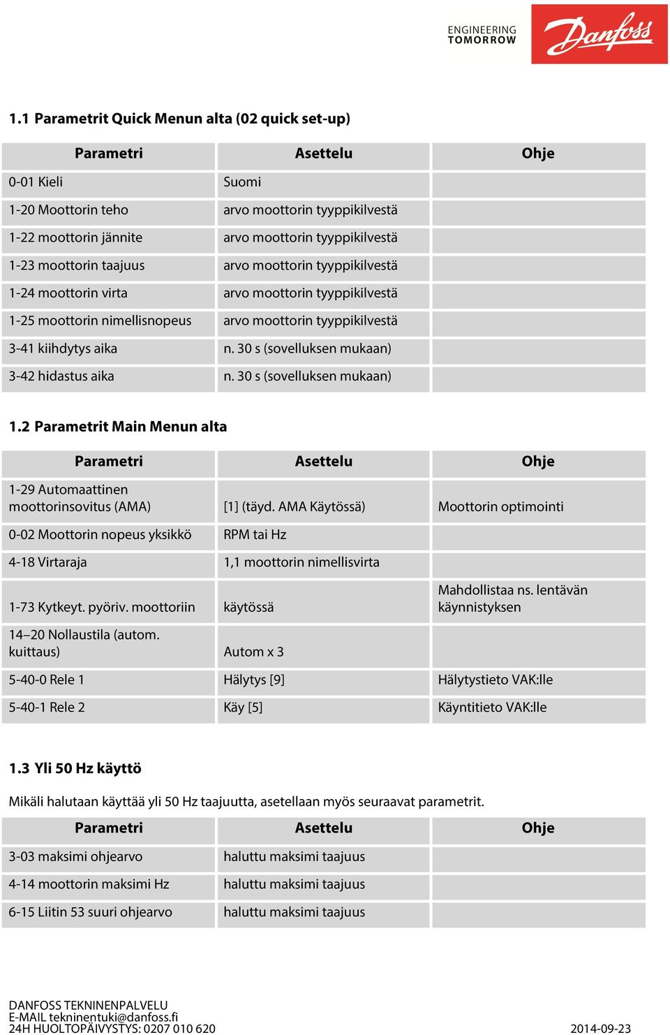 30 s (sovelluksen mukaan) 3-42 hidastus aika n. 30 s (sovelluksen mukaan) 1.2 Parametrit Main Menun alta 1-29 Automaattinen moottorinsovitus (AMA) [1] (täyd.