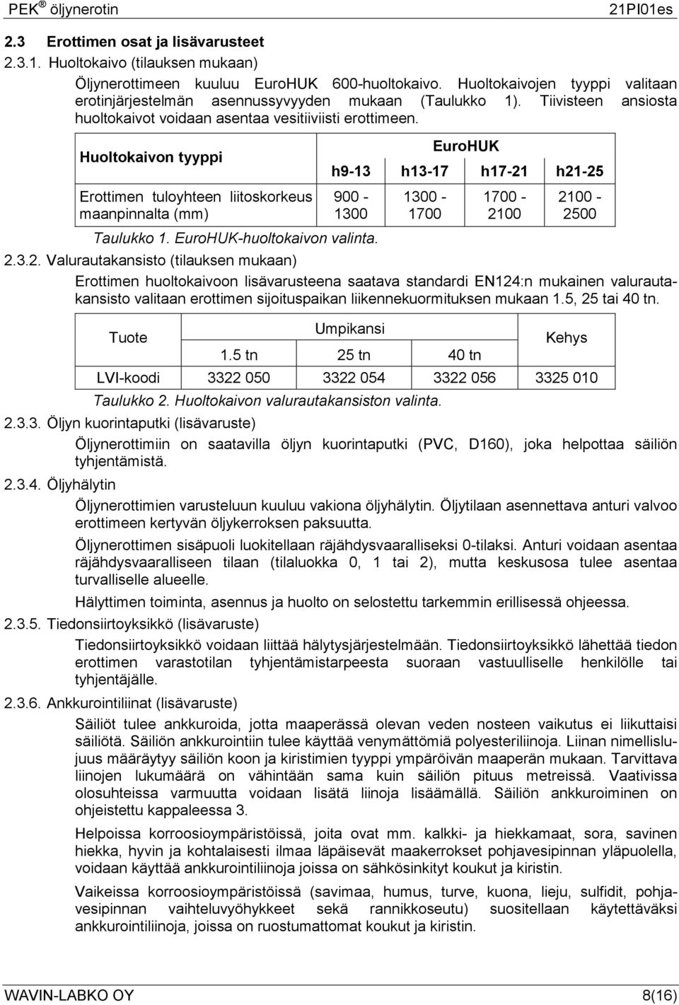 Huoltokaivon tyyppi Erottimen tuloyhteen liitoskorkeus maanpinnalta (mm) EuroHUK h9-13 h13-17 h17-21