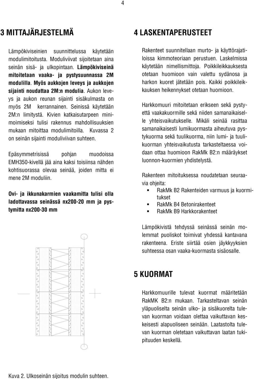 Aukon leveys ja aukon reunan sijainti sisäkulmasta on myös 2M kerrannainen. Seinissä käytetään 2M:n limitystä.