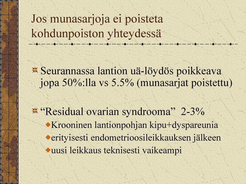 5% (munasarjat poistettu) Residual ovarian syndrooma 2-3% Krooninen