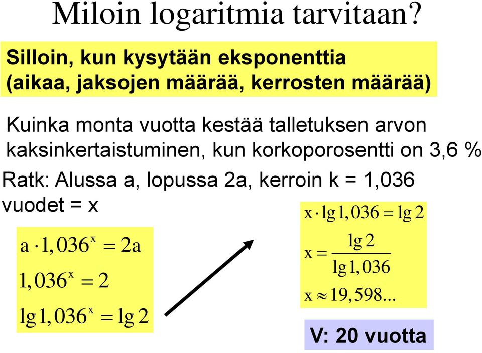 monta vuotta kestää talletuksen arvon kaksinkertaistuminen, kun korkoporosentti on