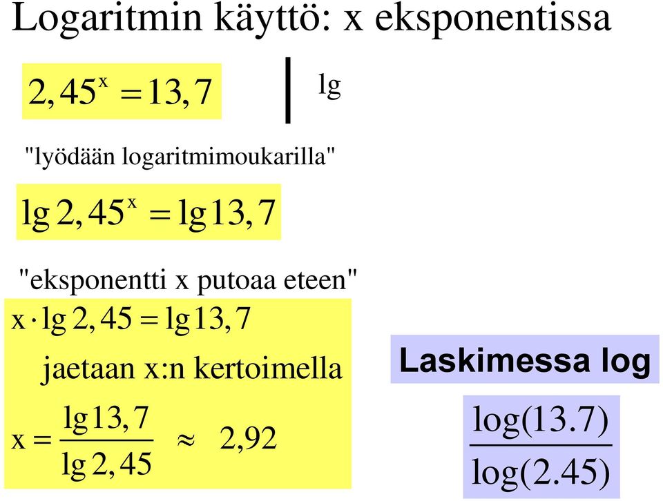 "eksponentti putoaa eteen" lg 2,45 lg13,7 jaetaan :n