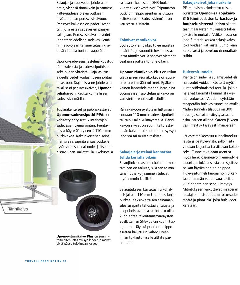 Uponor-sadevesijärjestelmä koostuu rännikaivoista ja sadevesiputkista sekä niiden yhteistä. Haja-asutusalueella vedet voidaan usein johtaa maastoon.