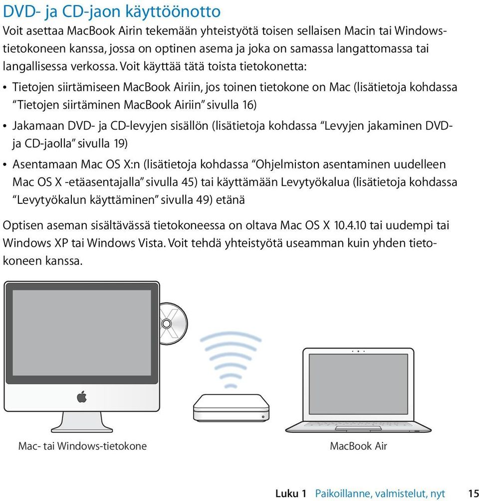 Voit käyttää tätä toista tietokonetta: Â Tietojen siirtämiseen MacBook Airiin, jos toinen tietokone on Mac (lisätietoja kohdassa Tietojen siirtäminen MacBook Airiin sivulla 16) Â Jakamaan DVD- ja