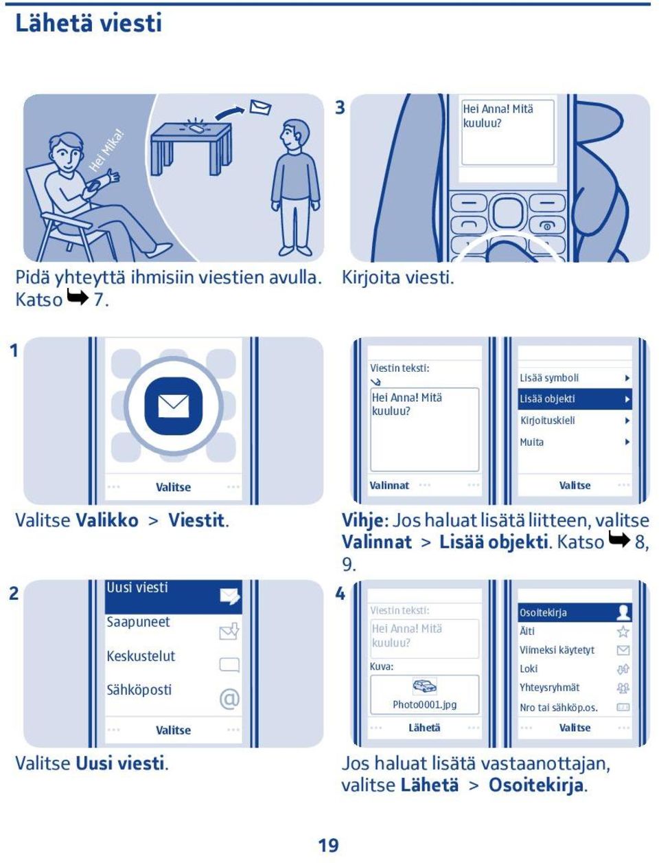 Uusi viesti Saapuneet Keskustelut Vihje: Jos haluat lisätä liitteen, valitse Valinnat > Lisää objekti. Katso 8, 9. 4 Viestin teksti: Hei Anna!