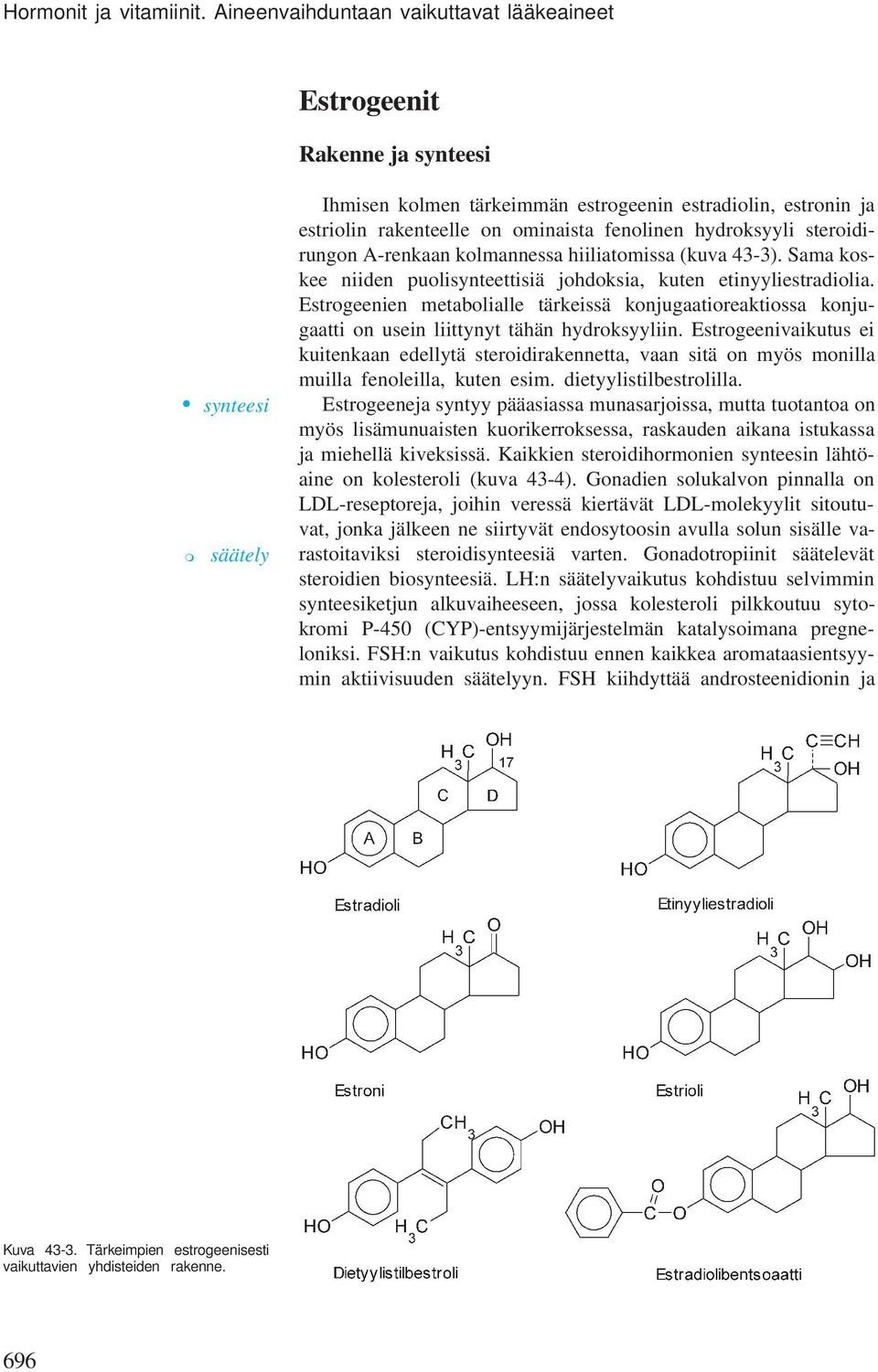 fenolinen hydroksyyli steroidirungon A-renkaan kolmannessa hiiliatomissa (kuva 43-3). Sama koskee niiden puolisynteettisiä johdoksia, kuten etinyyliestradiolia.