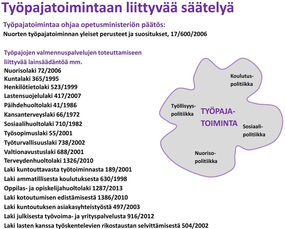 Nuorisolaki 72/2006 Kuntalaki 365/1995 Henkilötietolaki 523/1999 Lastensuojelulaki 417/2007 Päihdehuoltolaki 41/1986 Työllisyys- Kansanterveyslaki 66/1972 politiikka Sosiaalihuoltolaki 710/1982