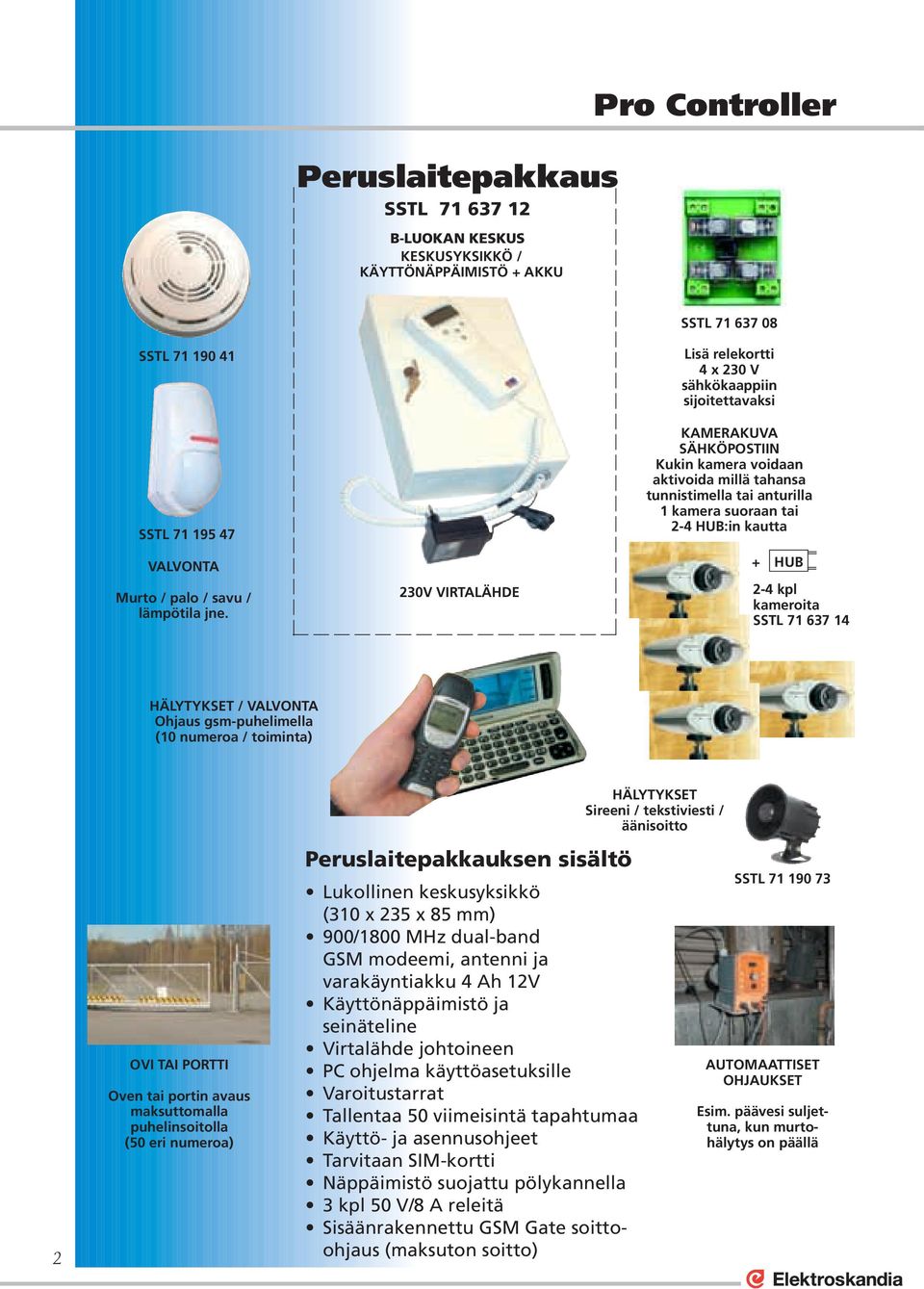 HUB:in kautta + HUB 2-4 kpl kameroita SSTL 71 637 14 HÄLYTYKSET / VALVONTA Ohjaus gsm-puhelimella (10 numeroa / toiminta) 2 OVI TAI PORTTI Oven tai portin avaus maksuttomalla puhelinsoitolla (50 eri