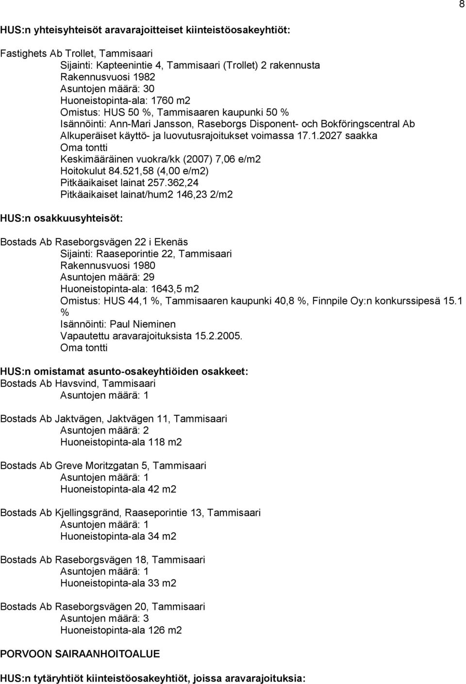 voimassa 17.1.2027 saakka Oma tontti Keskimääräinen vuokra/kk (2007) 7,06 e/m2 Hoitokulut 84.521,58 (4,00 e/m2) Pitkäaikaiset lainat 257.