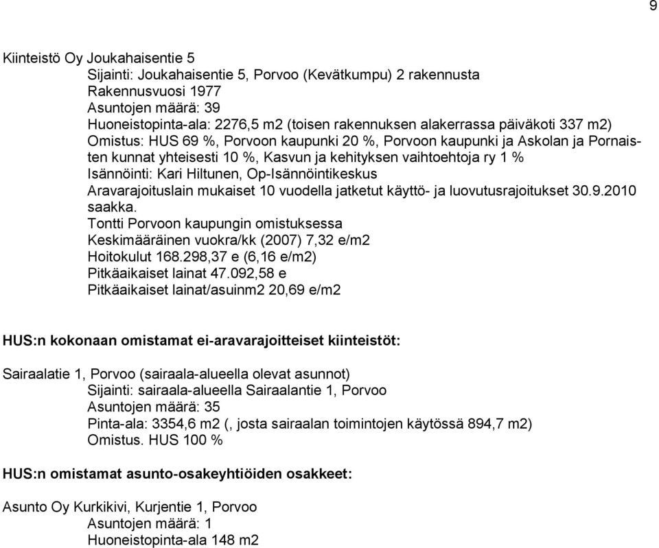 Op-Isännöintikeskus Aravarajoituslain mukaiset 10 vuodella jatketut käyttö- ja luovutusrajoitukset 30.9.2010 saakka.