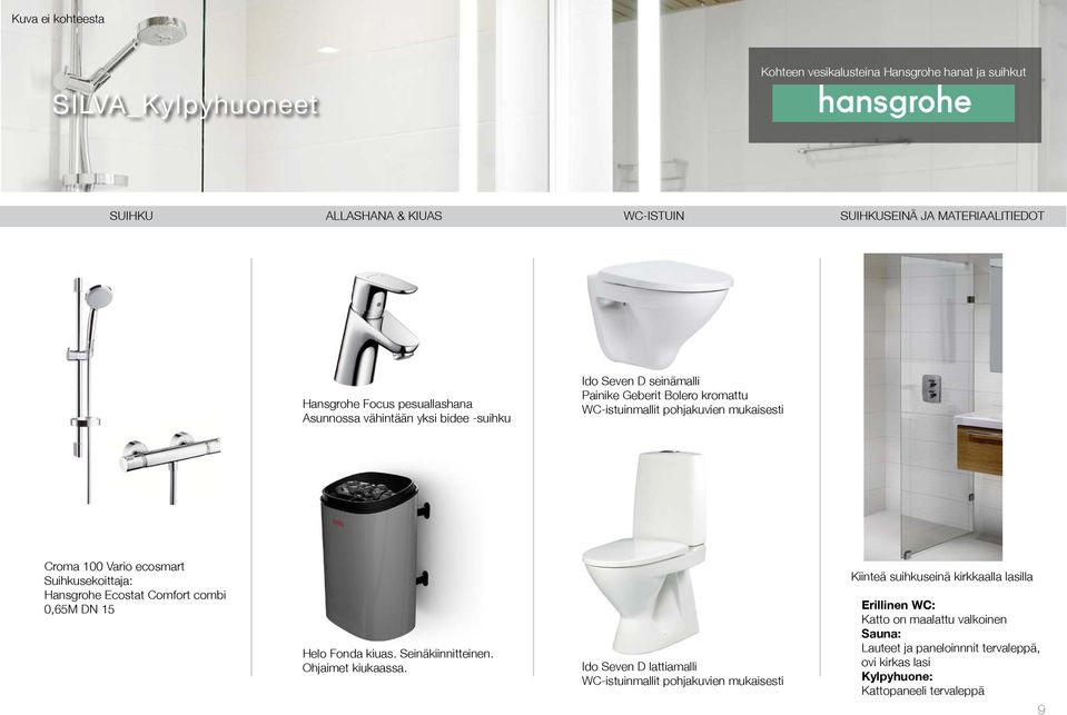 Suihkusekoittaja: Hansgrohe Ecostat Comfort combi 0,65M DN 15 Helo Fonda kiuas. Seinäkiinnitteinen. Ohjaimet kiukaassa.