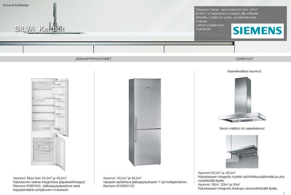 S LVA jääkaappipakastimet liesikuvut Saarekkeelliset asunnot: Savon mallisto rst-saarekekuvut Asunnot: Muut kuin 40,5m 2 ja 48,5m 2 Kalusteoven taakse integroitava jääpakastinkaappi: Siemens