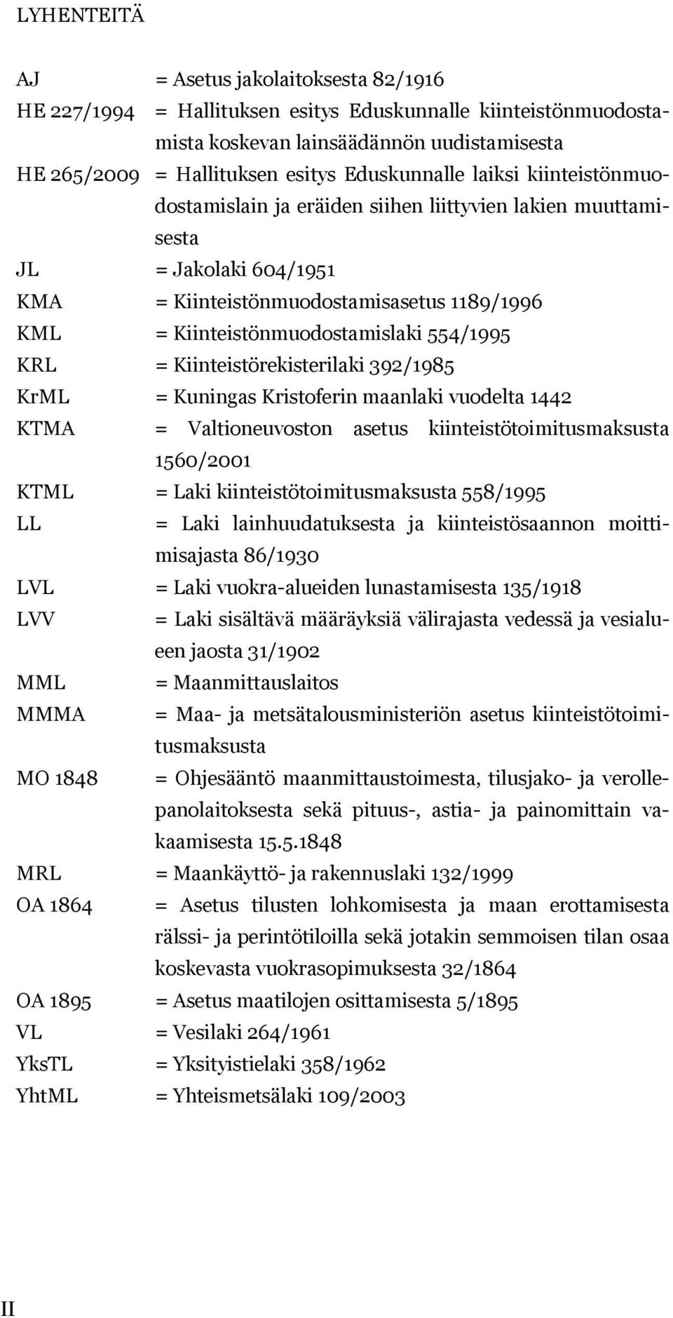 554/1995 KRL = Kiinteistörekisterilaki 392/1985 KrML = Kuningas Kristoferin maanlaki vuodelta 1442 KTMA = Valtioneuvoston asetus kiinteistötoimitusmaksusta 1560/2001 KTML = Laki