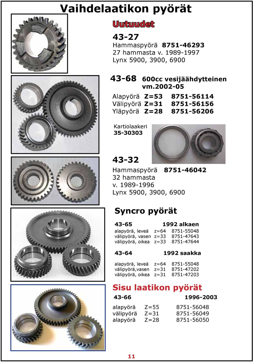 1989-1996 Lynx 5900, 3900, 6900 Syncro pyörät 43-65 1992 alkaen alapyörä, leveä z=64 8751-55048 välipyörä, vasen z=33 8751-47643 välipyörä, oikea z=33 8751-47644 43-64